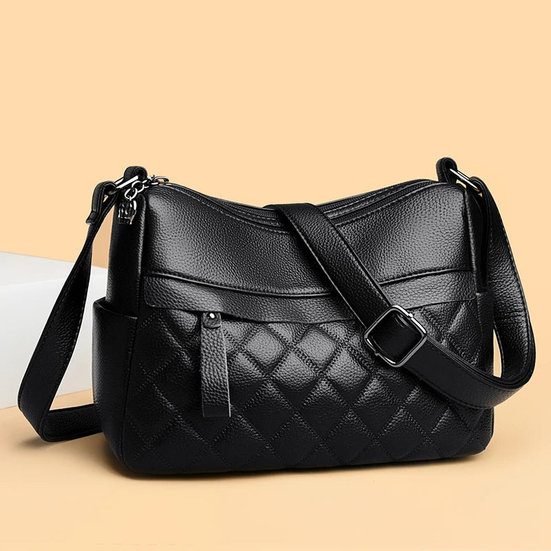Checker Style Genuine Soft Leather Shoulder Bag