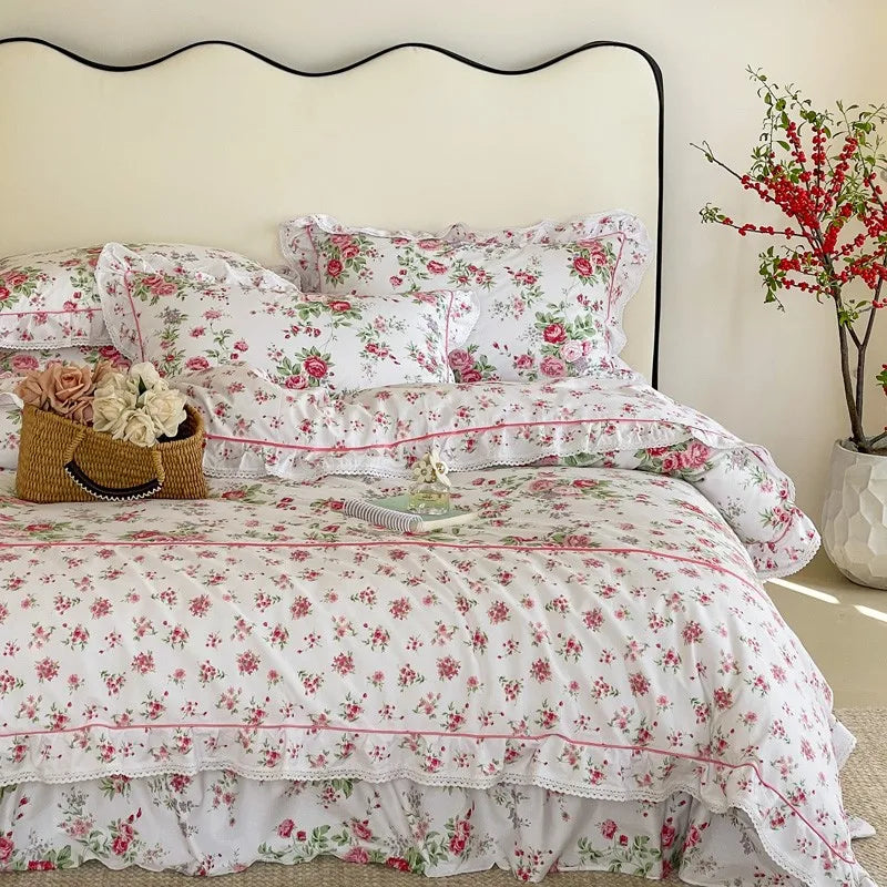 Elegant Ruffle Elegant Vintage Floral Bedding Set 100% Cotton