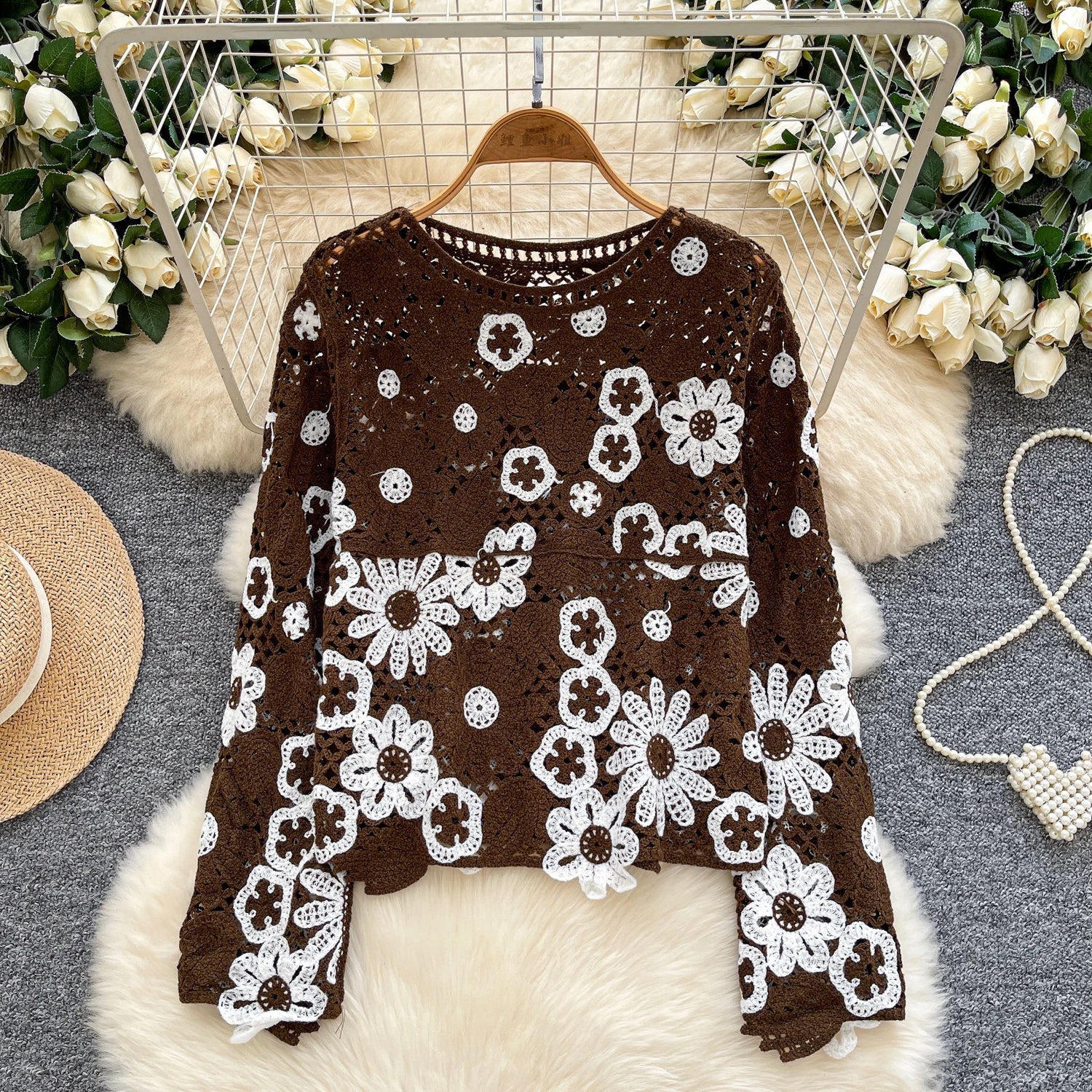 Elegant Hollow Floral Knit Pullover