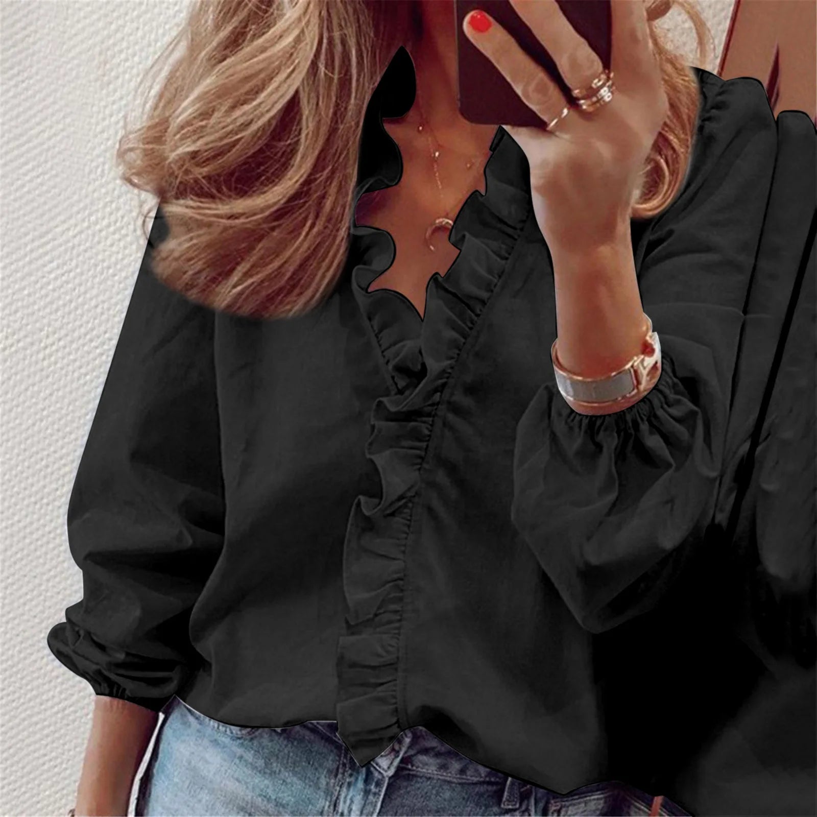 Elegant Long Sleeved Ruffled Shirt Women's Shirt