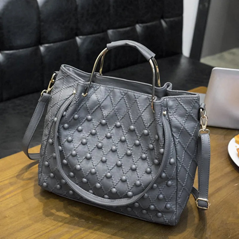 Soft Black Genuine Leather Rivet Large Handbag