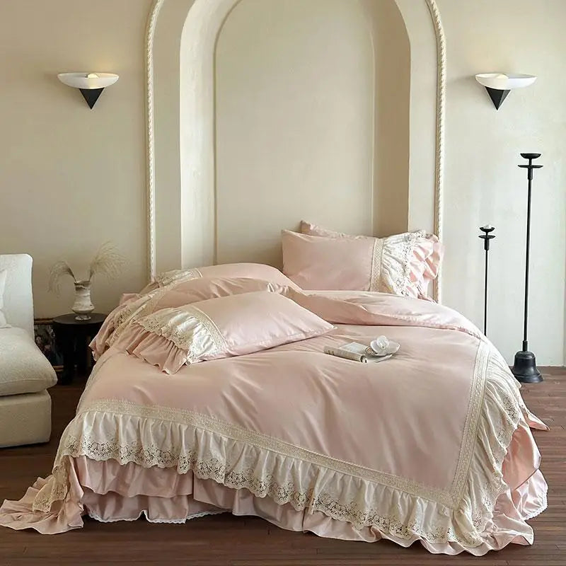 Elegant French Lace Ruffle Bedding Set 100% Cotton