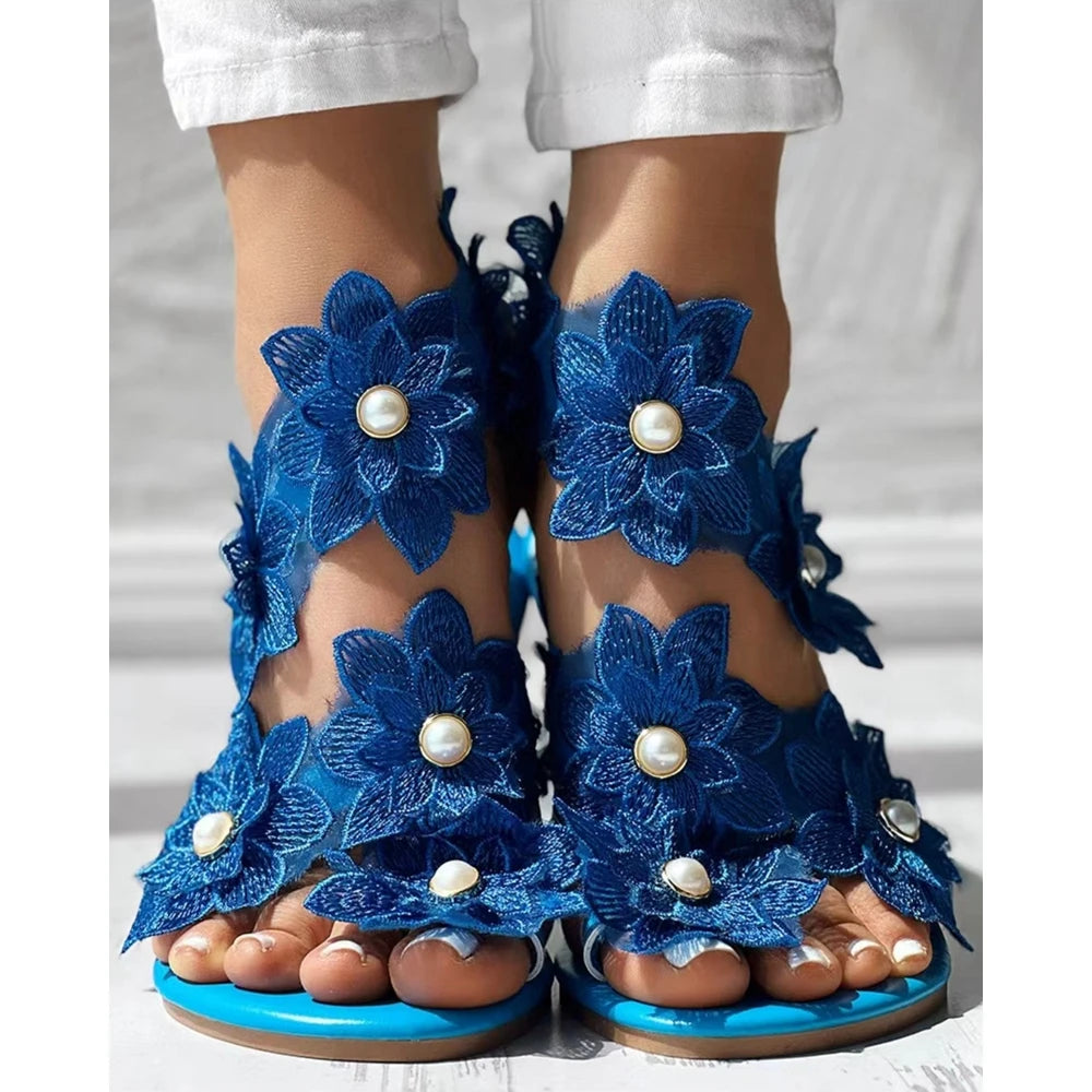 Beautiful Summer Ring Flower Flat Sandals