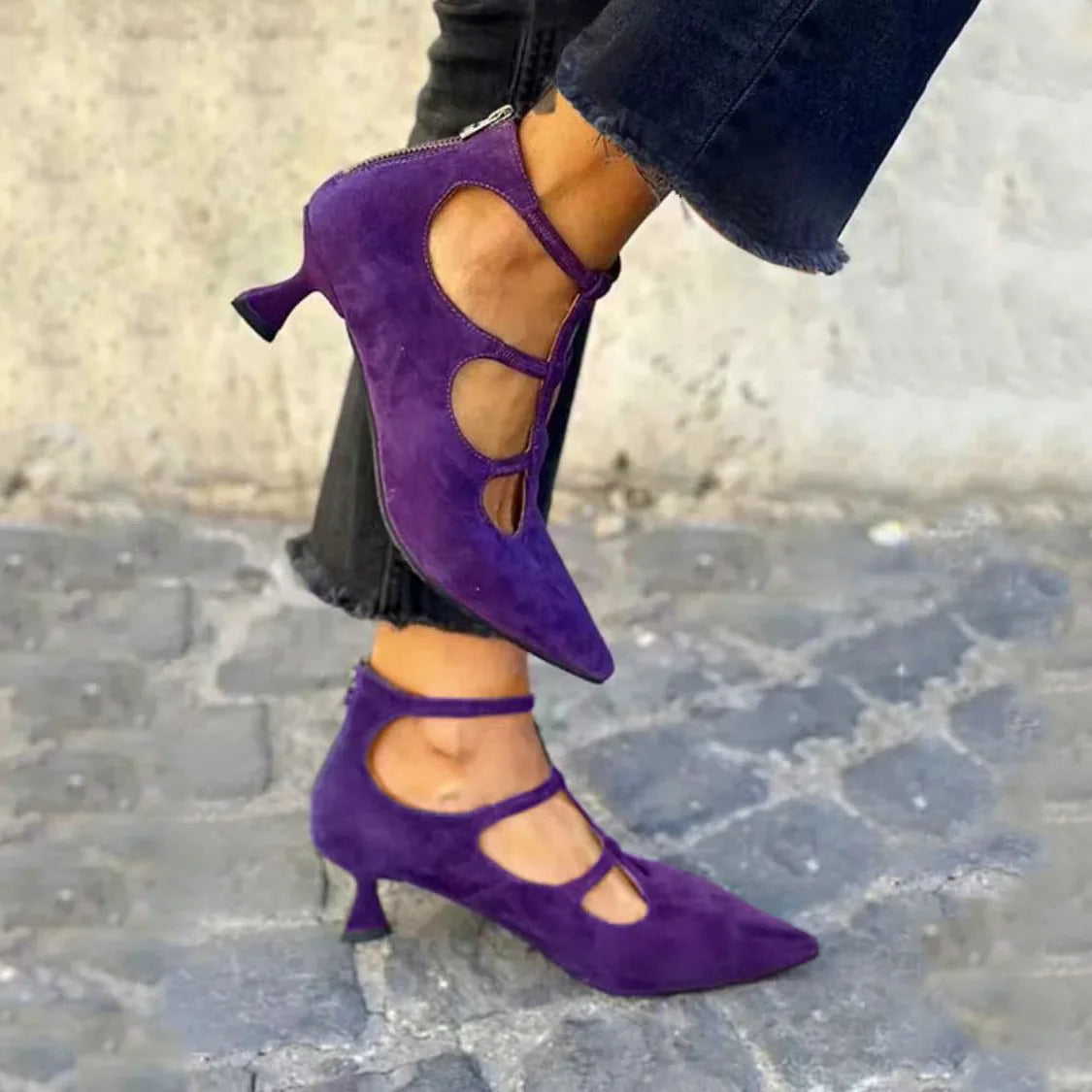 Suede Pointed Toe T-shaped Women's Shoes With Back Zip