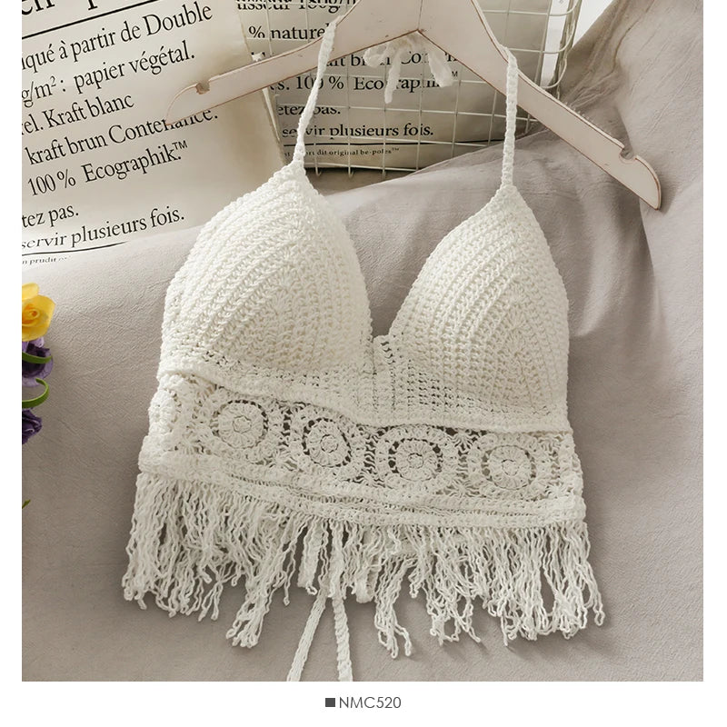 Retro Hollow Tassel Spaghetti Strap Crop Top