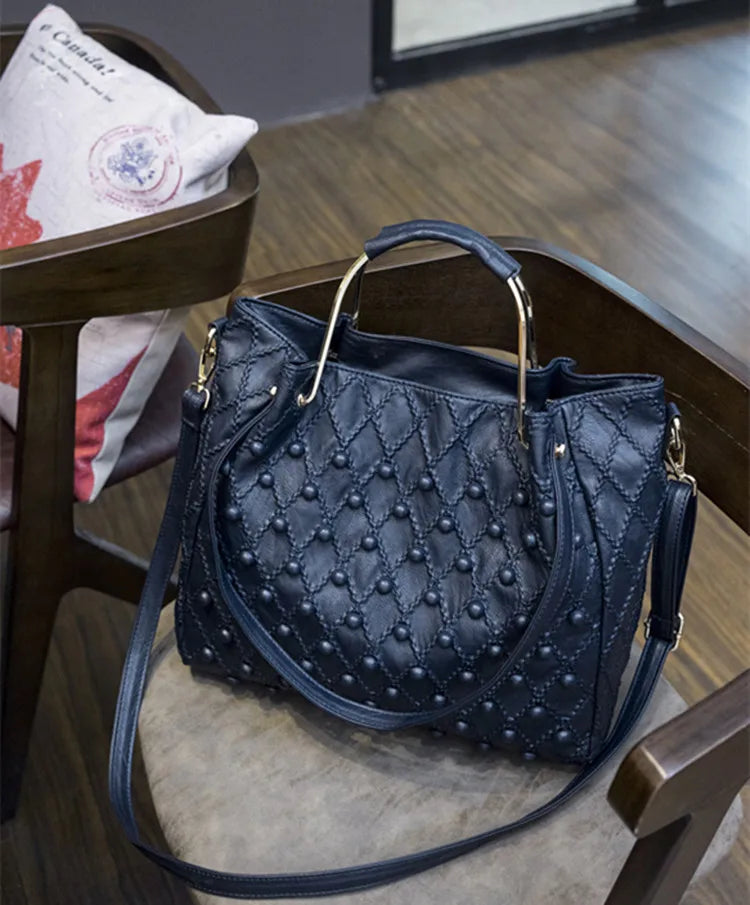 Soft Black Genuine Leather Rivet Large Handbag