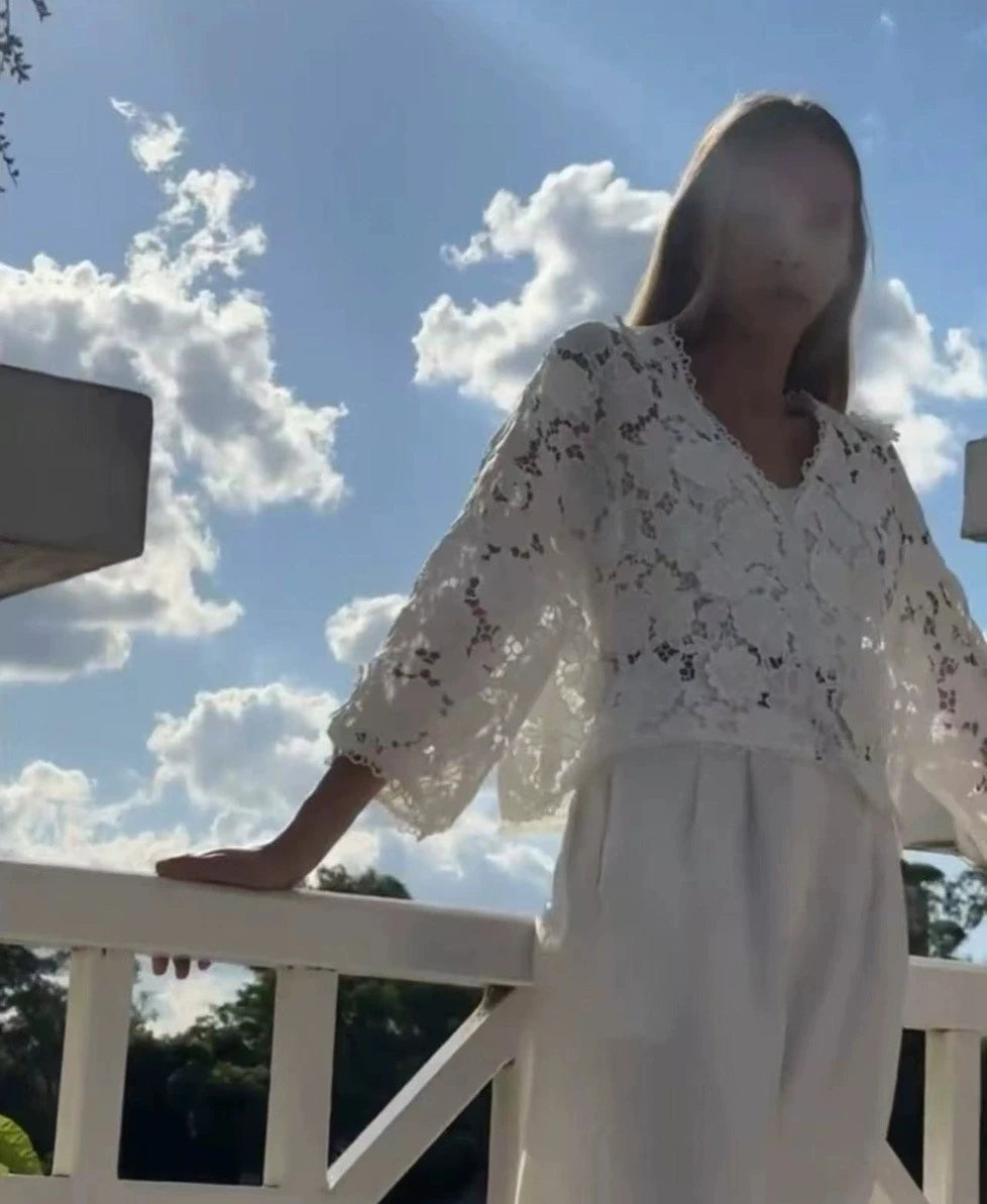 Summer Floral Hollow Out Lace Loose Women's Shirt