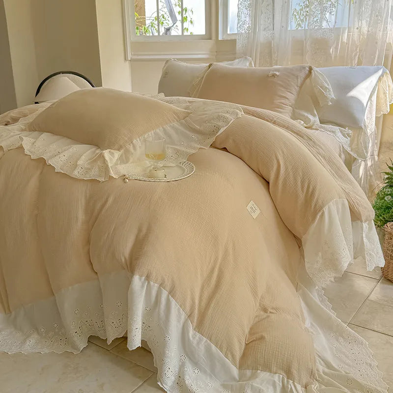 Elegant Wide Lace Solid Bedding Set