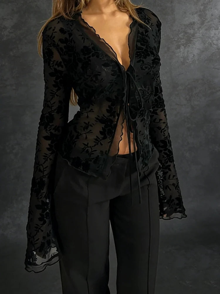 Women’s Fashionable Chiffon Slim Fit Ruffle Trumpet Sleeve Shirt