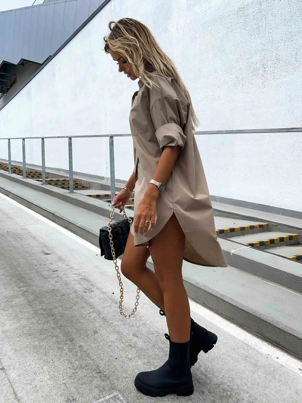 Women’s Solid Color Button Front Shirt Dress