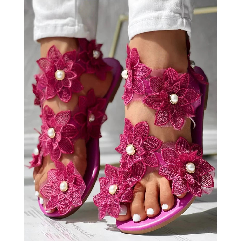 Beautiful Summer Ring Flower Flat Sandals
