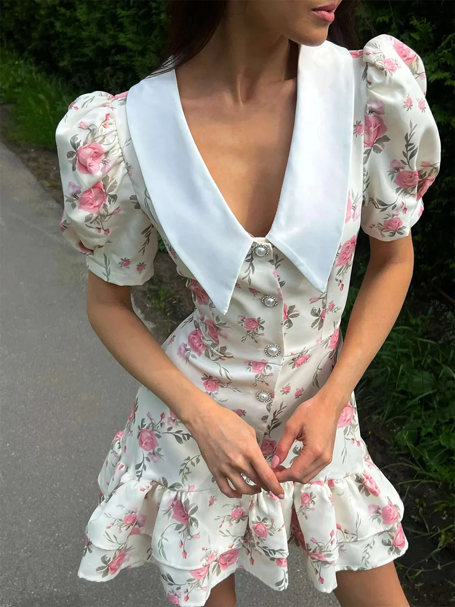 Women’s Floral Mini Dress Short Sleeve Lapel Style