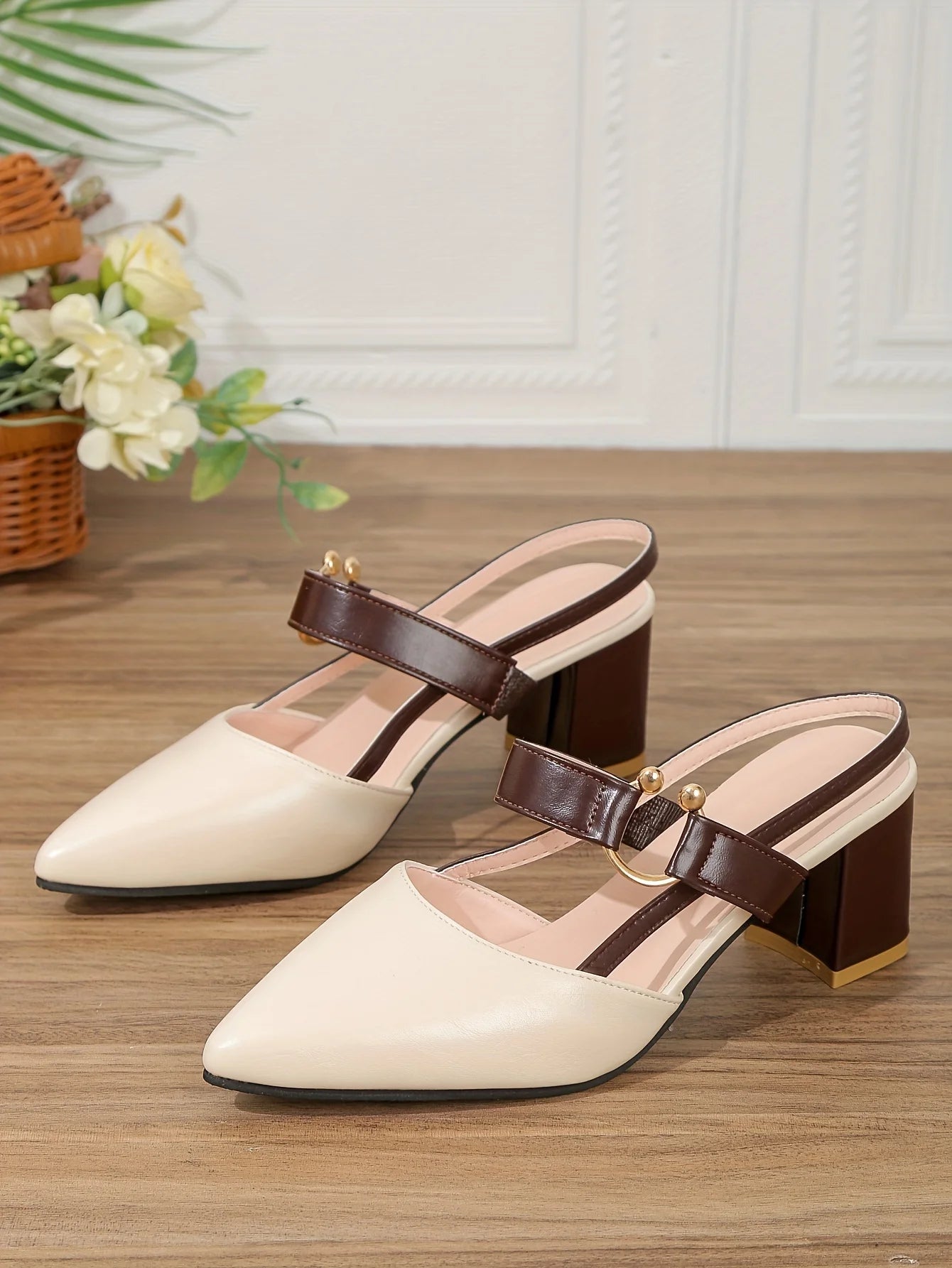 Two-Color Pointed Toe Block Sandals