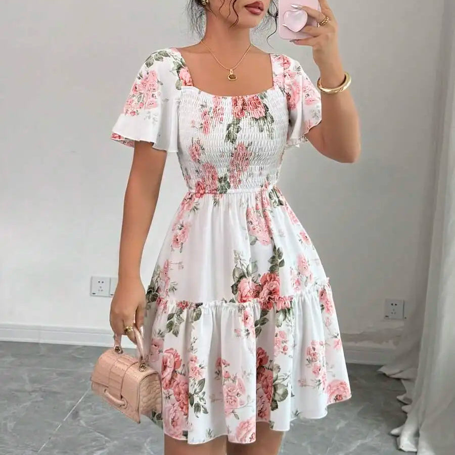 Women’s Floral Print Ruffle Hem Casual Dress with Sashes & Short Sleeves