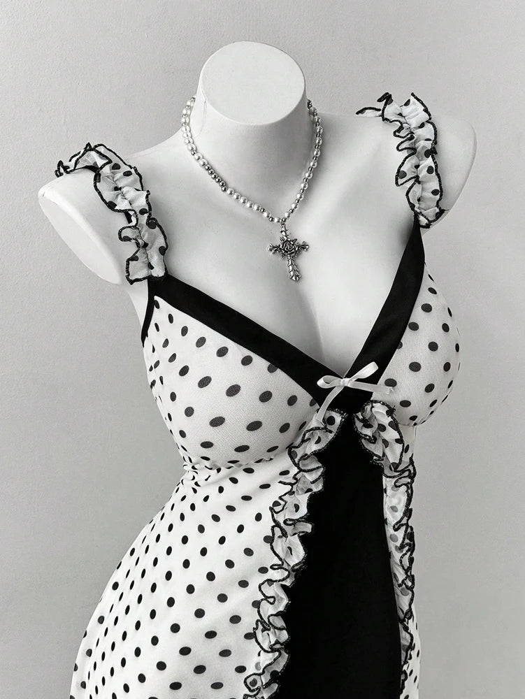 Polka Dot Ruffle Trim Bow Front Cami Mini Dress