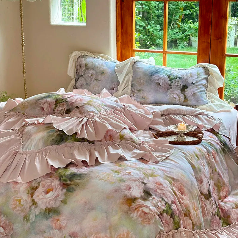 Luxurious  Chic Vintage Rose French Ruffle Fringe Bedding Set 100% Cotton
