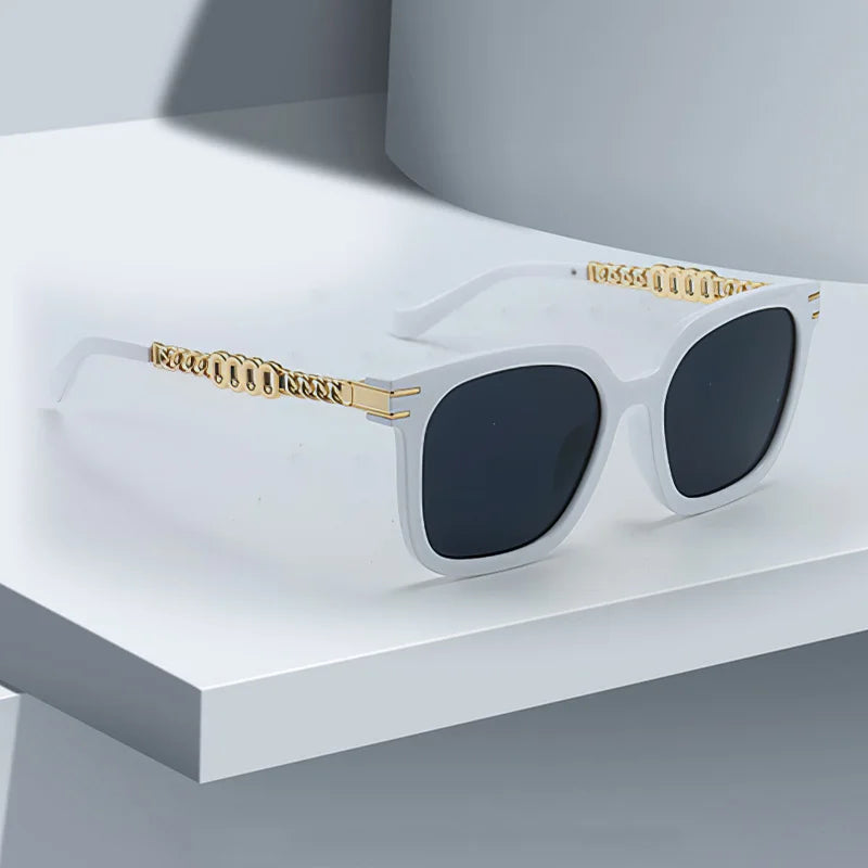 Vintage Golden Chain Embellished Black Square Sunglasses