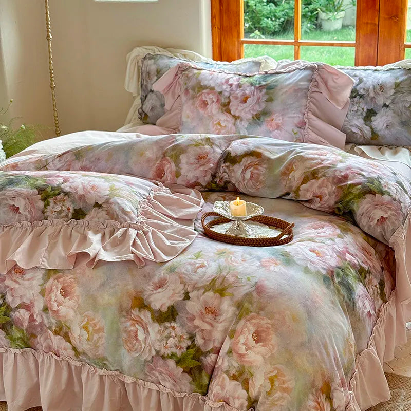 Luxurious  Chic Vintage Rose French Ruffle Fringe Bedding Set 100% Cotton