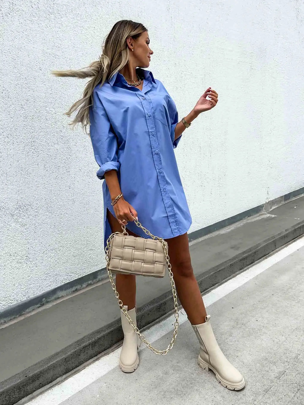 Women’s Solid Color Button Front Shirt Dress