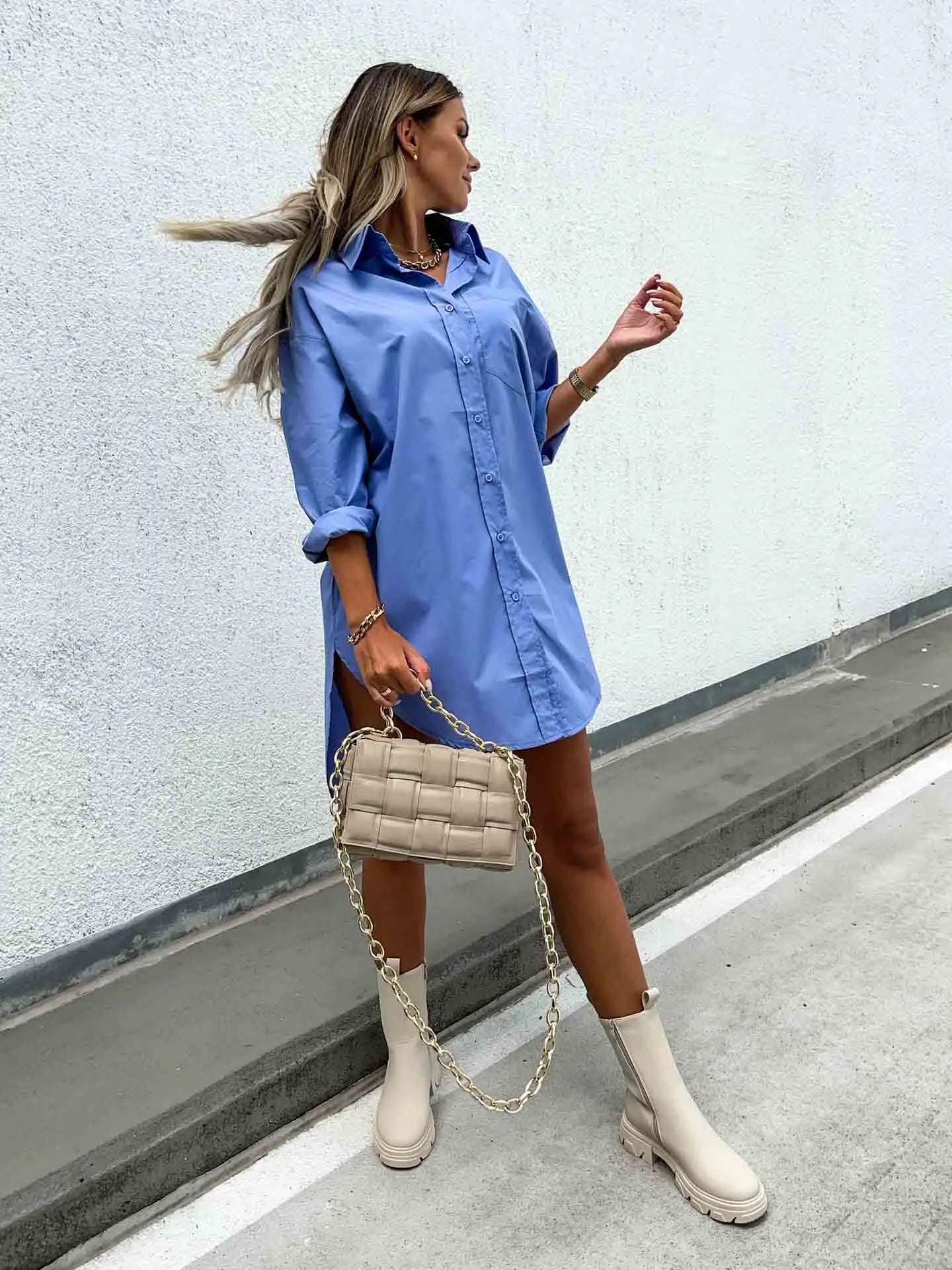 Women’s Solid Color Button Front Shirt Dress
