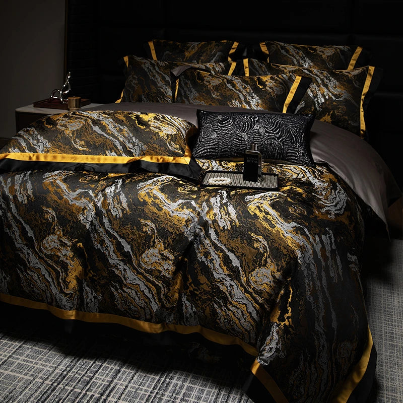 Luxury Black Gold Satin Jacquard Bedding Set 1000TC Cotton