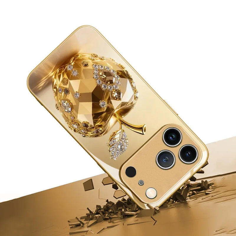 Jewel Apple Gold Metallic Tempered Glass iPhone Case