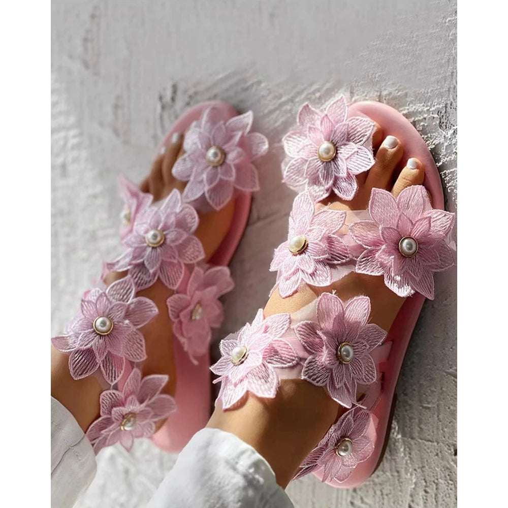 Beautiful Summer Ring Flower Flat Sandals