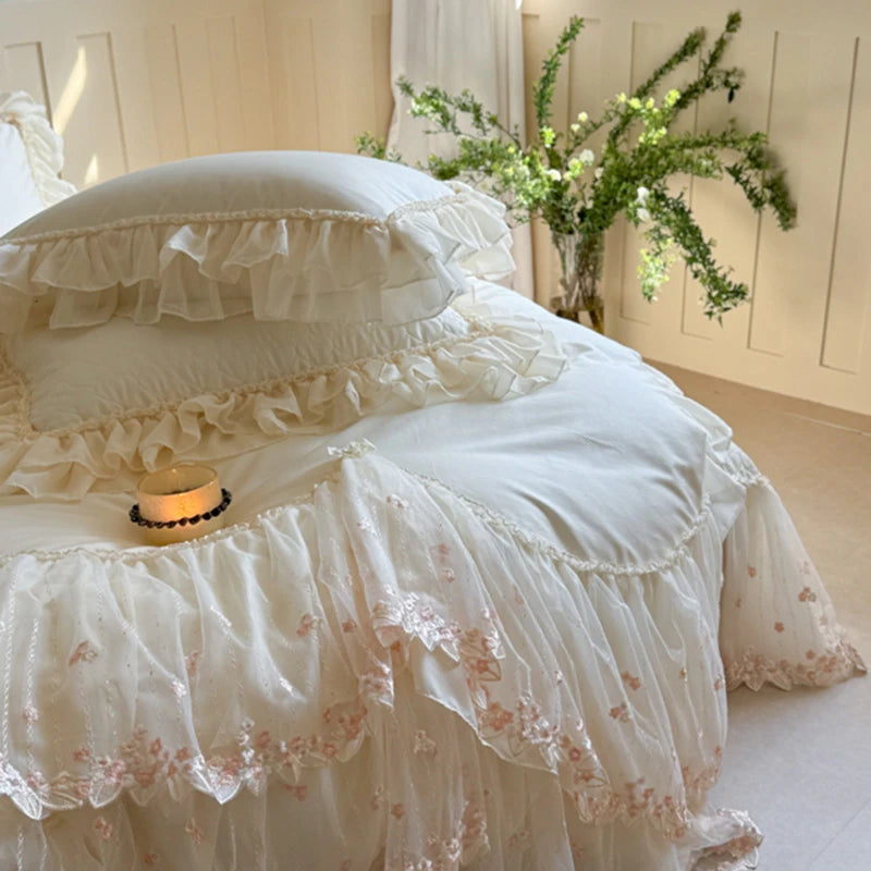 Elegant White/Pink Lace Ruffle Egyptian Cotton Bedding Set