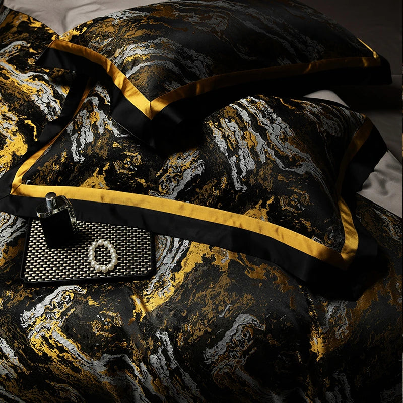 Luxury Black Gold Satin Jacquard Bedding Set 1000TC Cotton