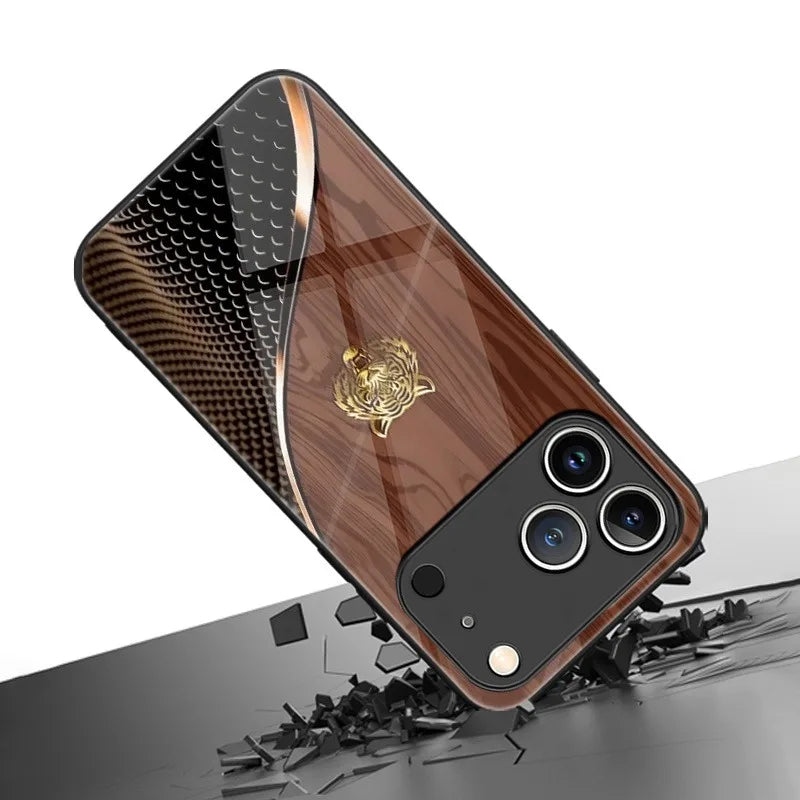 Wood Grain Tiger Head Pattern Tempered Phone Case For iPhone