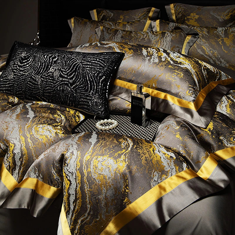 Luxury Black Gold Satin Jacquard Bedding Set 1000TC Cotton