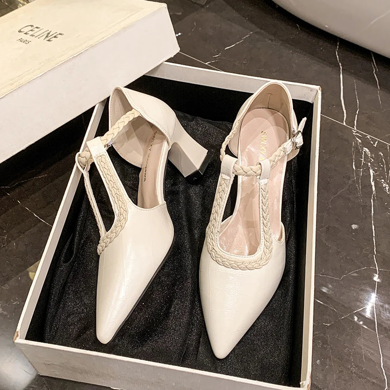 Women’s Pointed Toe T-Strap Mid Heel Sandals
