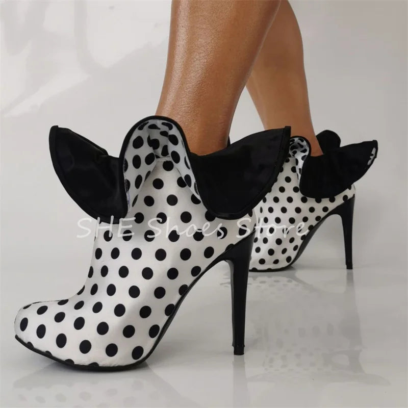 Women’s Polka Dot Ruffle Decor Leather Boots