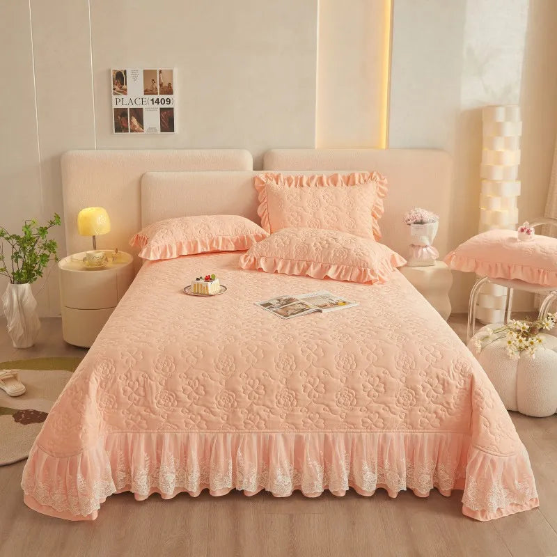 Floral Embossed White Lace Coverlet Bedspread with 2 Pcs Pillow Shams