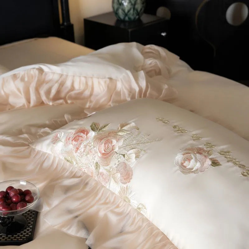 Beautiful Flowers Embroidery Ruffle Bedding Set 100% Cotton