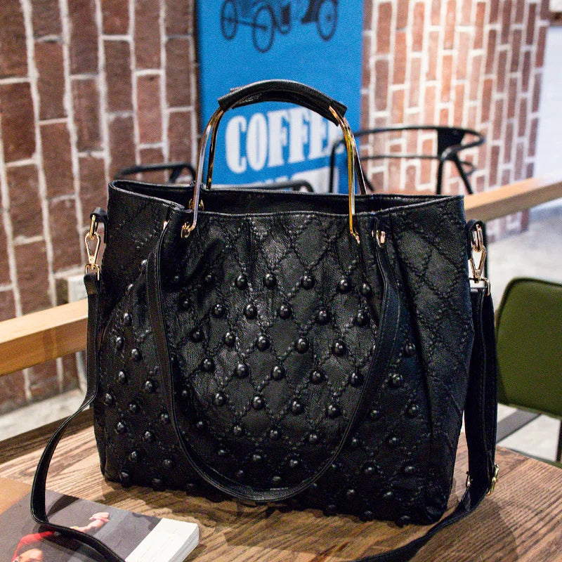Soft Black Genuine Leather Rivet Large Handbag