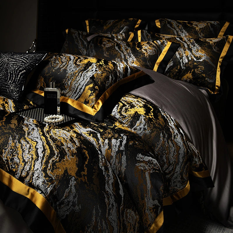 Luxury Black Gold Satin Jacquard Bedding Set 1000TC Cotton