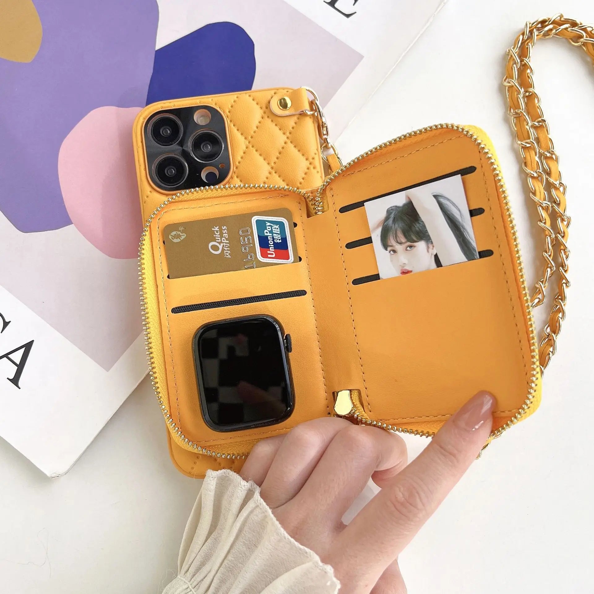 iPhone Crossbody Leather Case with Lanyard Strap – Wallet Card Holder Chain Phone Cover