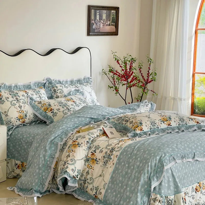 Elegant Ruffle Elegant Vintage Floral Bedding Set 100% Cotton