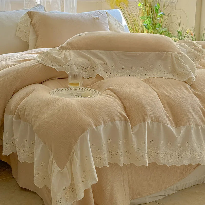 Elegant Wide Lace Solid Bedding Set