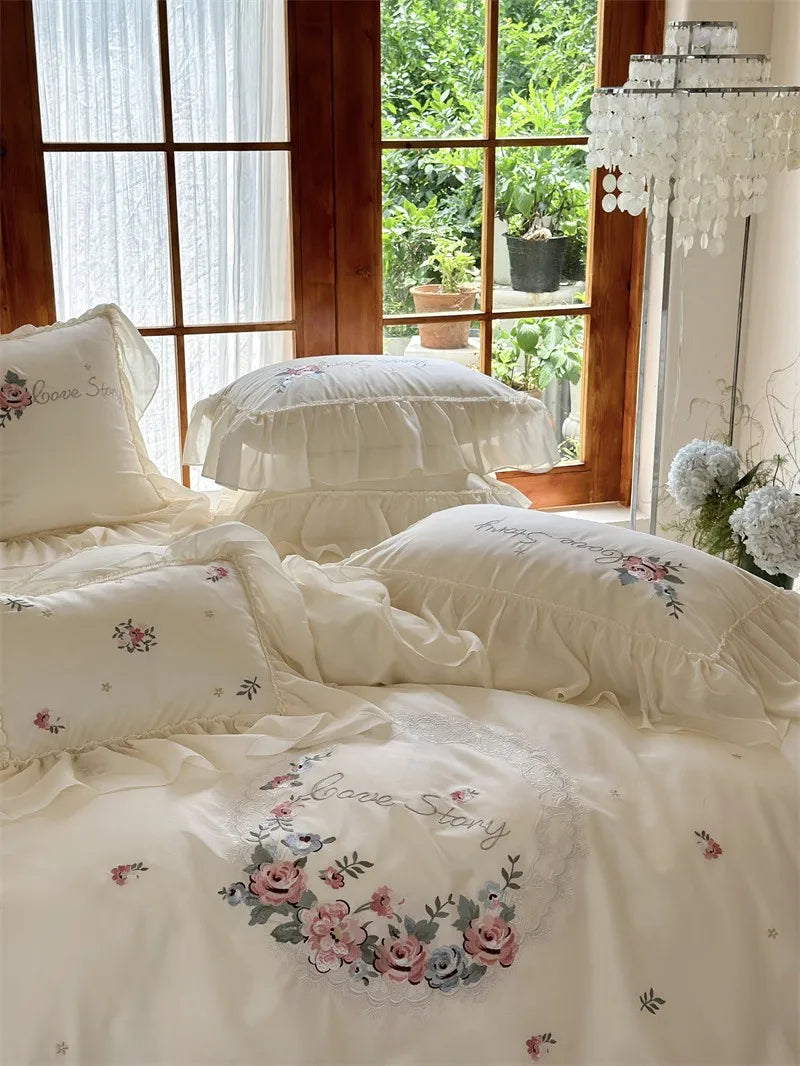 100% Egyptian Cotton Floral Embroidery Luxurious Bedding Set
