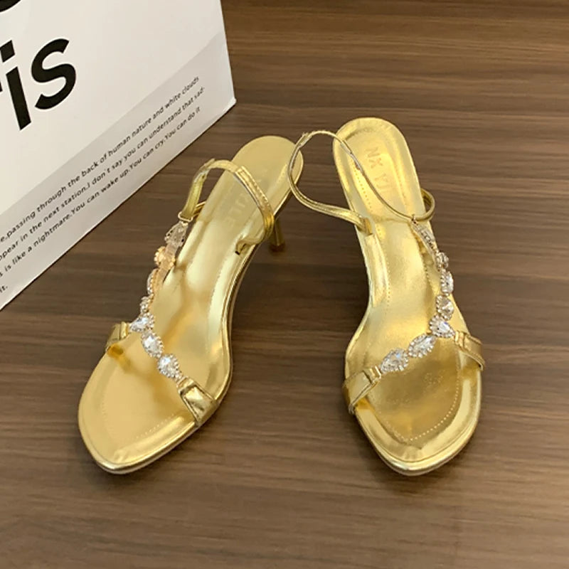 Women’s High Heel Sandals with Gem Chain Strap