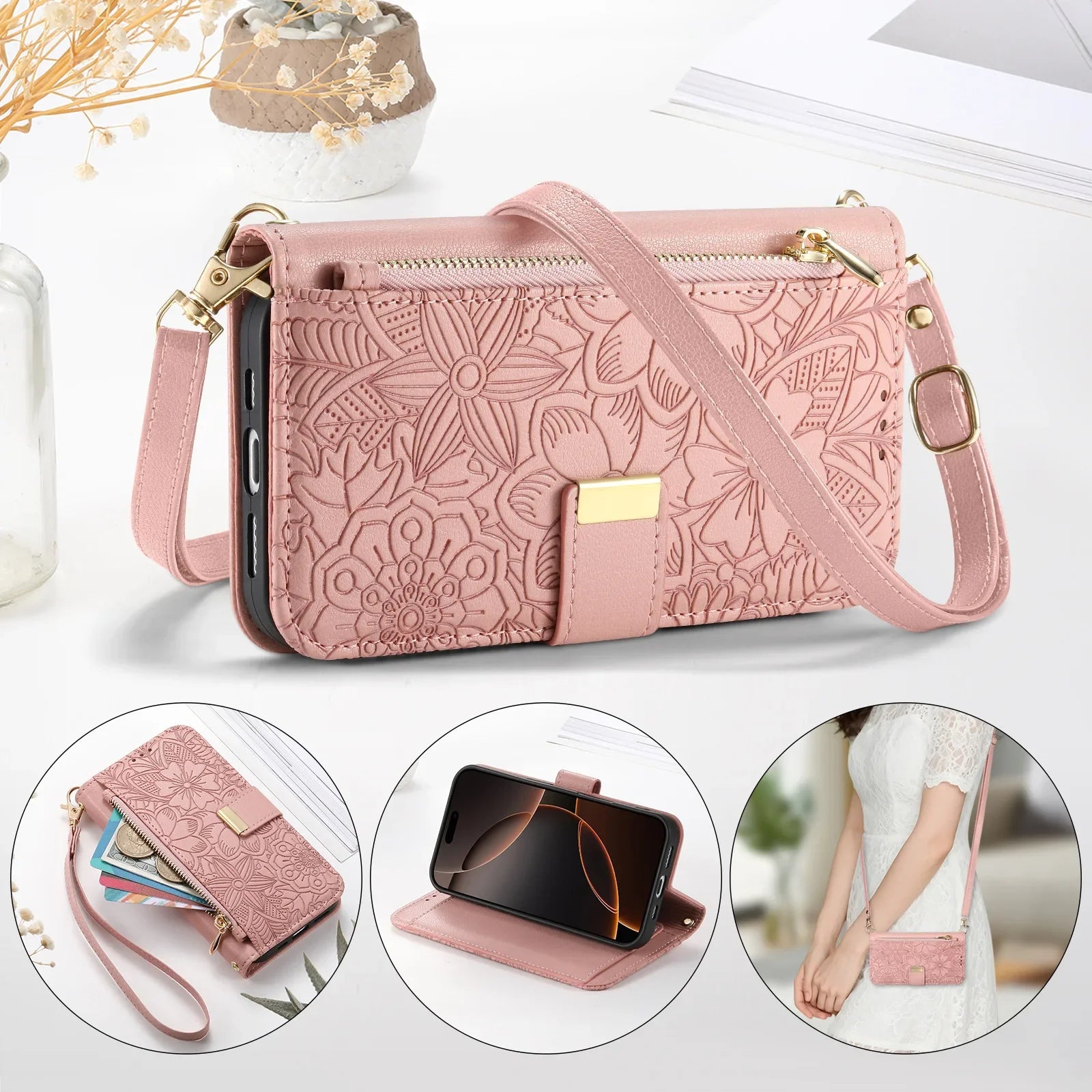 Leather Zipper Wallet Crossbody iPhone Case
