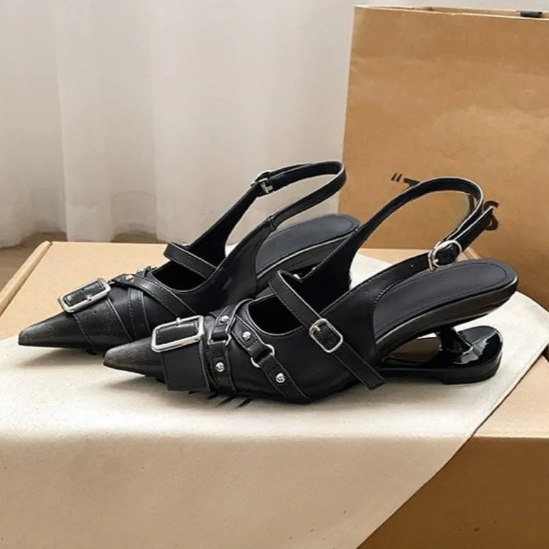 Metal Buckle Pointed Toe Wedge Sandals for Women