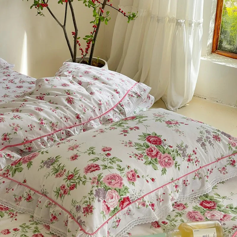 Elegant Ruffle Elegant Vintage Floral Bedding Set 100% Cotton