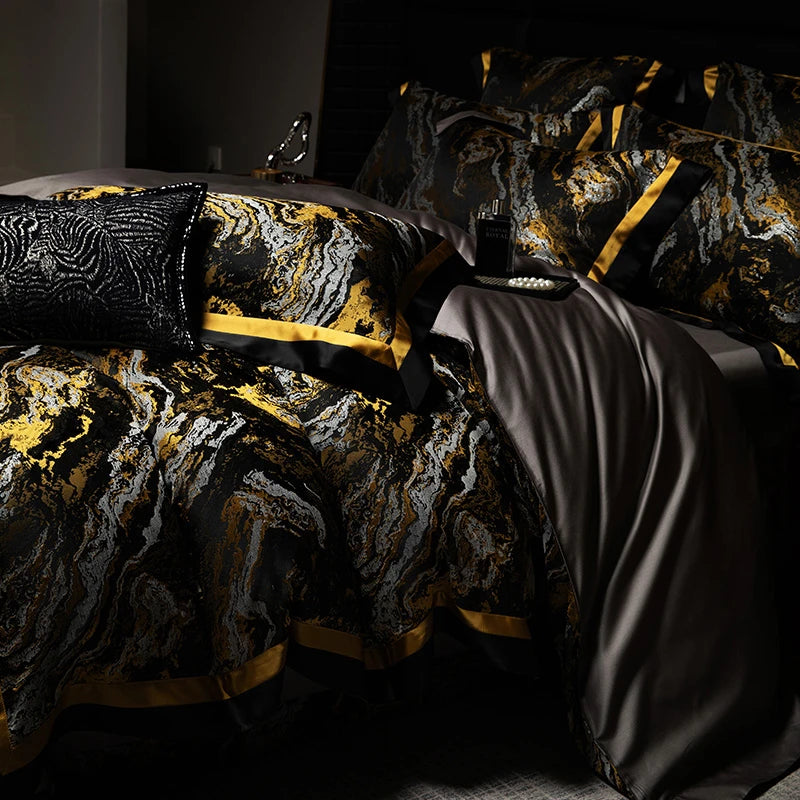 Luxury Black Gold Satin Jacquard Bedding Set 1000TC Cotton