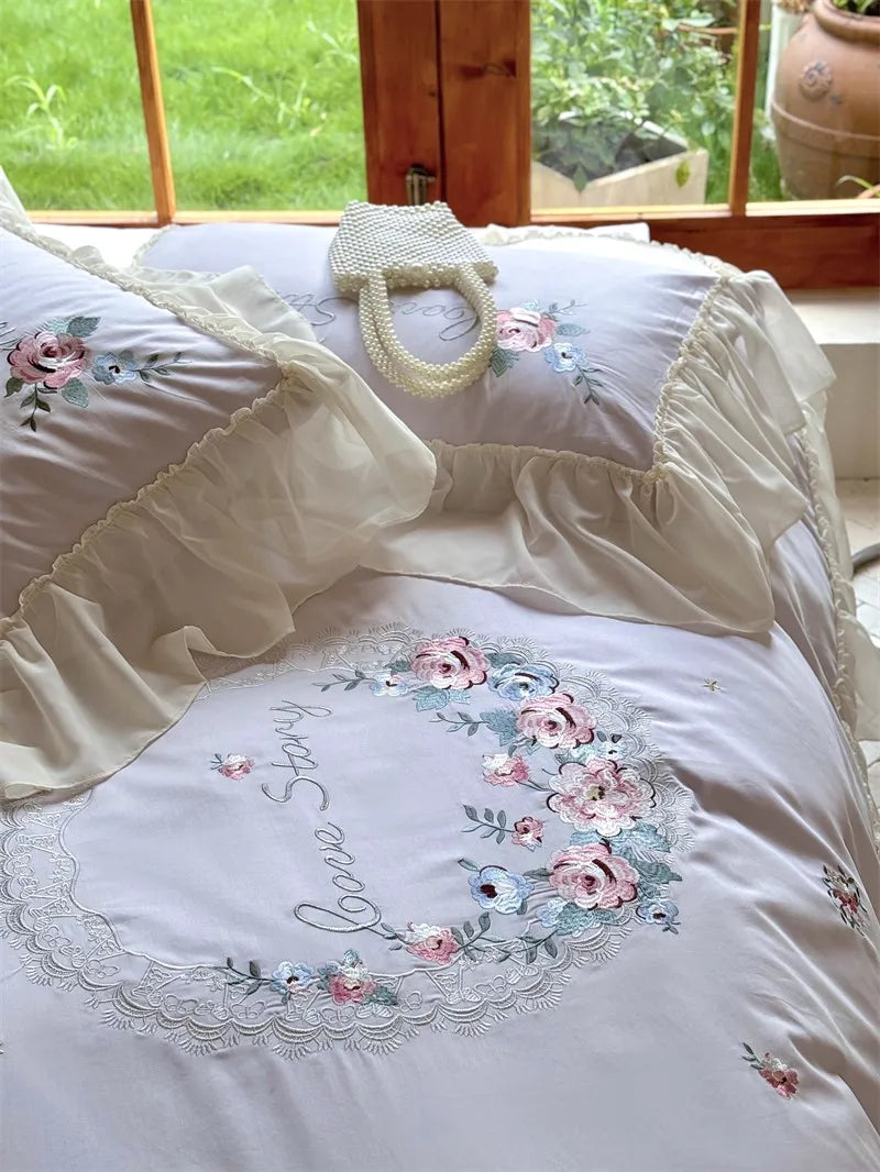 100% Egyptian Cotton Floral Embroidery Luxurious Bedding Set
