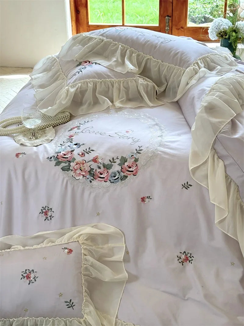 100% Egyptian Cotton Floral Embroidery Luxurious Bedding Set