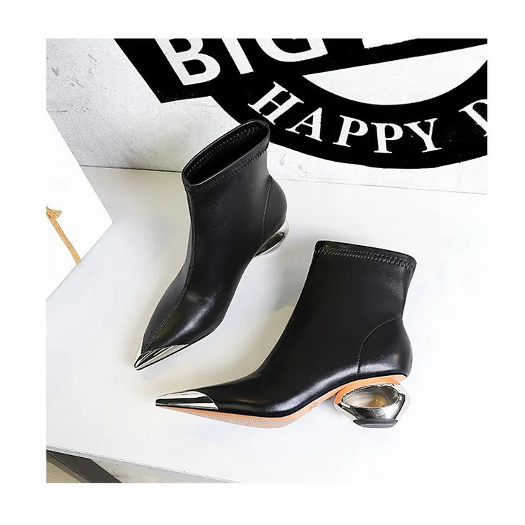Metal Pointed Toes Ankle  Boots With Hollow Heel Iron Head