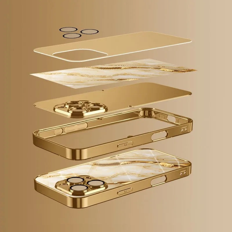 Golden Marble Waves Metallic Tempered Glass iPhone Case